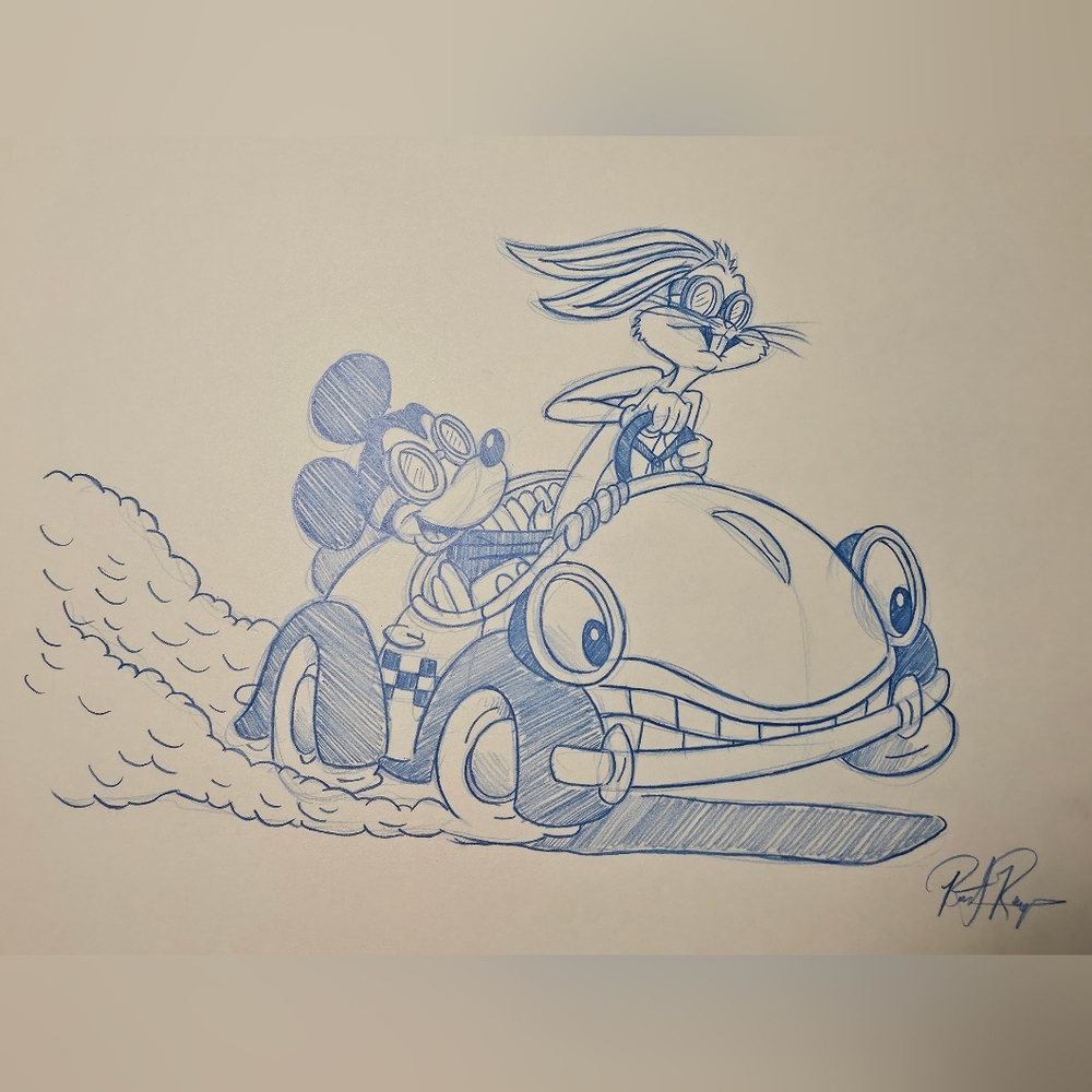 Disney Amblin WB Mickey Bugs Benny the Cab Roger Rabbit Drawing/Sketch signed